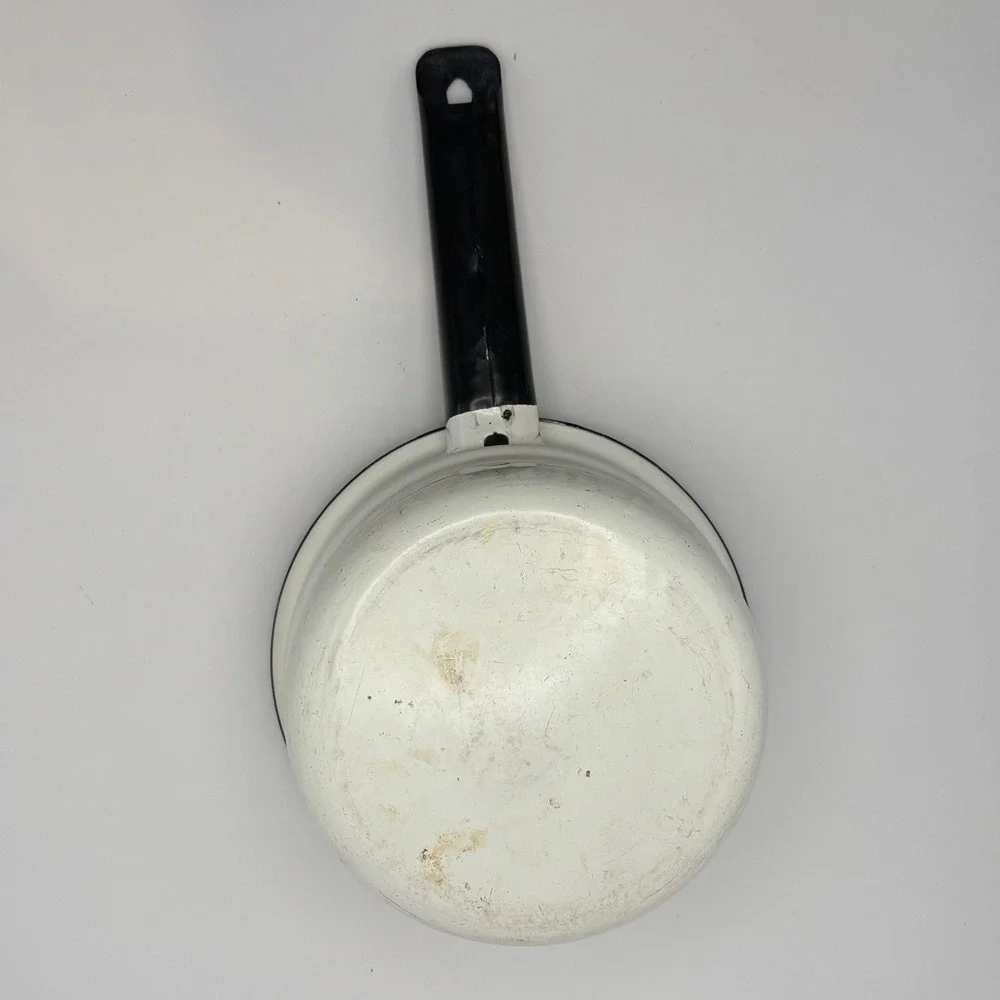 Vintage White Enamelware Saucepan 1 Qt Black Rim Handle 6